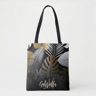 Bolsa Tote Folhas tropicais pretas e Ouros