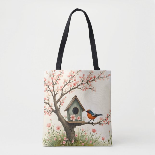 Bolsa Tote Folk Art Bird e Birdhouse (Frente)
