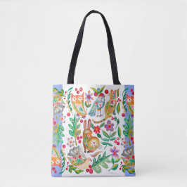 Bolsa Tote Folk Art Floral Animal Amigos Brancos Personalizáv