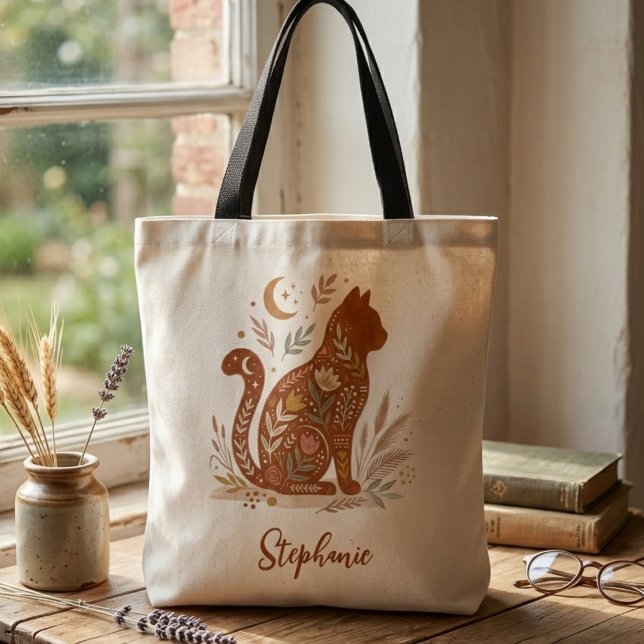 Bolsa Tote Folk Art Floral Cat Celestial Moon Mama Gift (Folk Art Floral Cat Tote Bag)