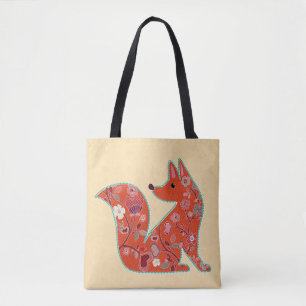 Bolsa Tote Folk Art Flower Pattern Fox