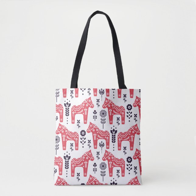Bolsa Tote Folk swedish horse floral seamless pattern.  (Frente)