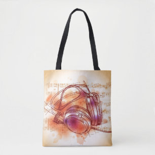Bolsa Tote Fones de ouvido em um fundo & em notas da aguarela