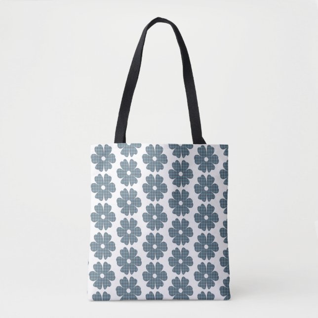 Bolsa Tote Forma de Flor Xadrez Azul Cinza (Frente)