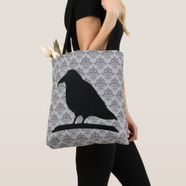Bolsa Tote Forma de Pássaro Corvo Preto com Fundo de Damasco