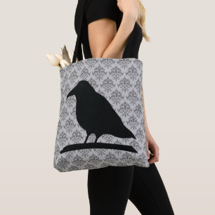 Bolsa Tote Forma Raven Preta De Pássaro Com Fundo Damasco