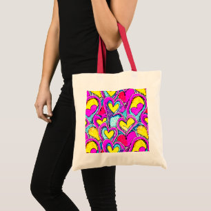 Bolsa Tote Formas de Coração Coloridas em Mosaico de Arte