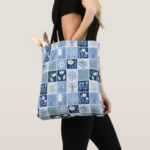 Bolsa Tote Formas de retalhamento azul, branco, amarelo