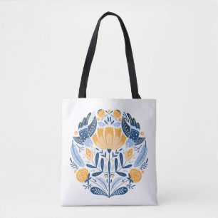 Bolsa Tote Forno de arte popular com pássaros, rosas e flore