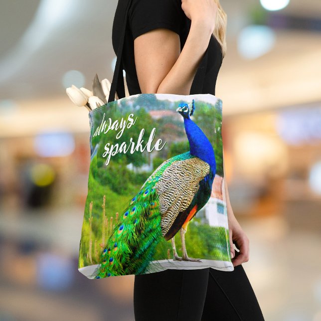 Bolsa Tote Foto azul verde de pavão sempre brilha em negrito (Criador carregado)