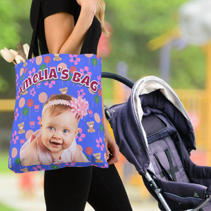 Bolsa Tote Foto de bebê púrpura azul personalizada com ursos