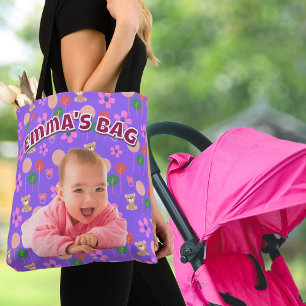 Bolsa Tote Foto de bebê púrpura personalizada com ursos de pe
