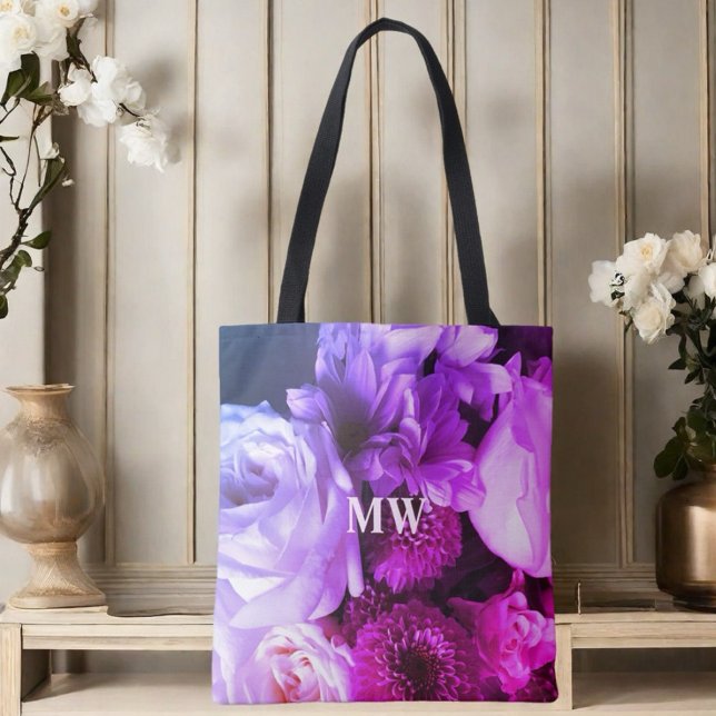 Bolsa Tote Foto de buquê de flores monograma rosa roxo azul (Criador carregado)