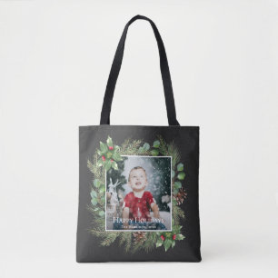 Bolsa Tote Foto de Feliz Natal com Folhagens