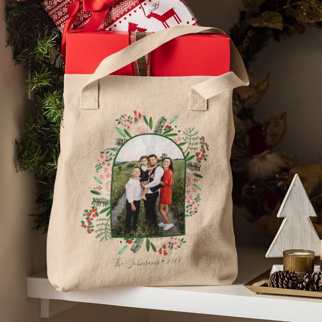 Bolsa Tote Foto de Natal (Modern Arch Frame Floral Christmas Photo Tote Bag)