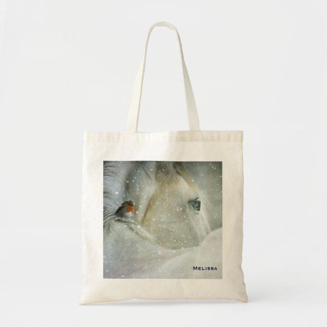 Bolsa Tote Foto de um Cavalo Branco e Pássaro no inverno (Frente)