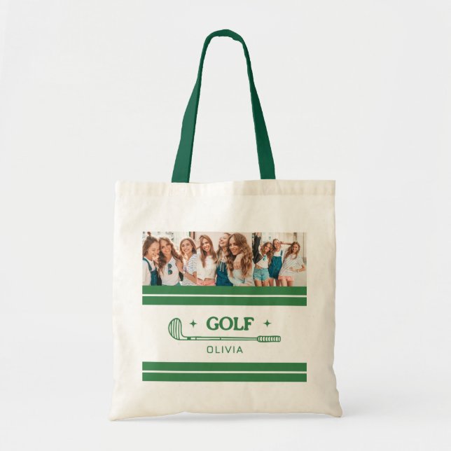 Bolsa Tote Foto do amante do golf Verde de Nome Personalizado (Frente)
