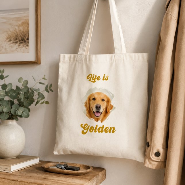 Bolsa Tote Foto do Golden Retriever A Vida é Dourada (Criador carregado)