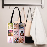 Bolsa Tote Foto personalizada de aniversário colagem mulher r<br><div class="desc">Um presente único para o aniversário de 50 anos (ou qualquer idade) de uma mulher, celebrando sua vida com uma colagem de 8 fotos, fotos. Personalize e adicione seu nome, 50 anos e uma data. Um rosa de cor suave, cor-de-rosa, cor-de-rosa. Cinzas e letras brancas e números. O nome é...</div>