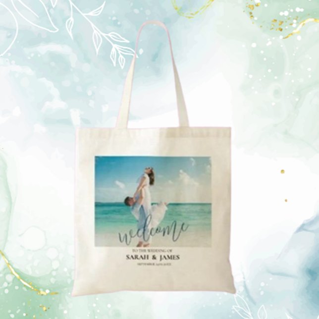 Bolsa Tote Foto personalizada de boas-vindas do casamento mod (Welcome your guests with love using our Custom Photo Modern Beach Wedding Tote Bag)