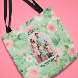 Bolsa Tote Foto personalizada de páscoa Pastel rosa e verde f