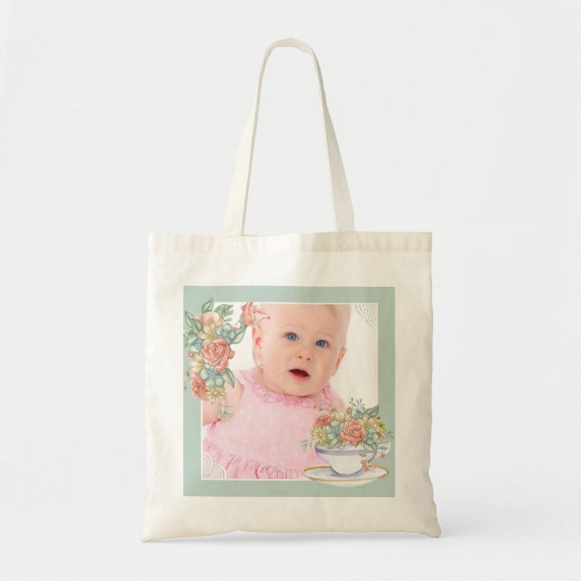 Bolsa Tote Foto Personalizada De Teacup Floral De Aquarela (Frente)