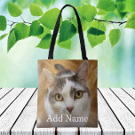 Bolsa Tote Foto personalizada e nome frente e verso<br><div class="desc">Carregue uma foto, adicione um nome ou texto e crie facilmente o seu saco de fotos de dois lados personalizado. Clique em PERSONALIZAR AINDA para alterar a cor do texto. Você pode TRANSFERIR este DESIGN em outros produtos do Zazzle e ajustá-lo ao ajustado da maioria dos itens do Zazzle. Os...</div>