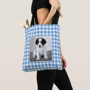 Bolsa Tote Foto Personalizada Xadrez Azul Claro e Branco