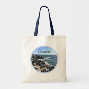 Bolsa Tote Foto redonda no oceano Atlântico Rocky Shoreline