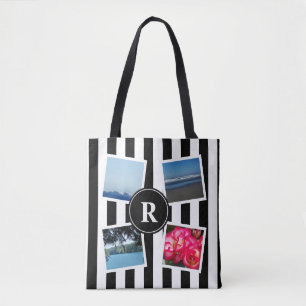 Bolsa Tote Fotos personalizadas e design de listras pretas