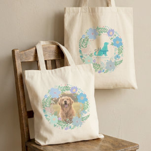 Bolsa Tote Fotos Personalizadas Golden Retriever Floral Azul