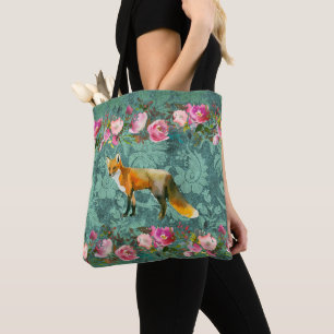 Bolsa Tote Fox vermelho no impressão verde do damasco com