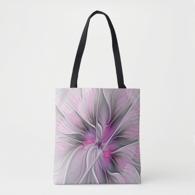 Bolsa Tote Fractal Fractal Moderna Abstrato com Cinza Rosa Fl (Frente)