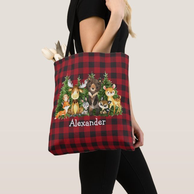 Bolsa Tote Fralda de Xadrez de Animais da Floresta de Natal (Close Up)