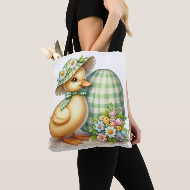 BOLSA TOTE FRANGO DE PÁSCOA ADORÁVEL COM XADREZ VERDE BONITO (Close Up)