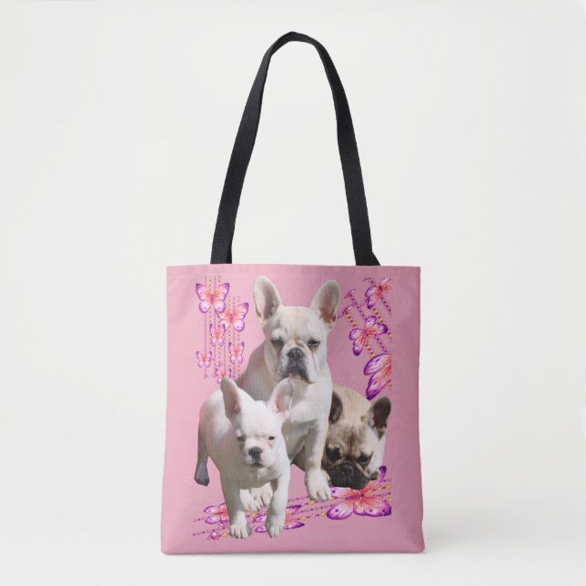 Bolsa Tote Französische Bulldogge mit drei Bulldoggen in Pink (Frente)