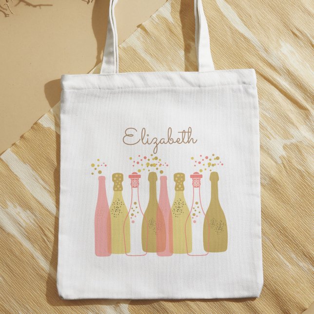 Bolsa Tote Frascos de Champanhe Retroativos Personalizados Re (This champagne tote features pastel-colored rose and gold bottles for a pretty glam 1960s look.)