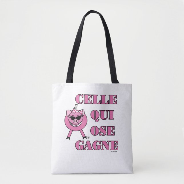 Bolsa Tote French Inspirational Encouragement Quote Pink Pig  (Frente)