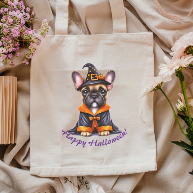Bolsa Tote Frenchie Halloween Robe Roxa de Bruxa (Criador carregado)