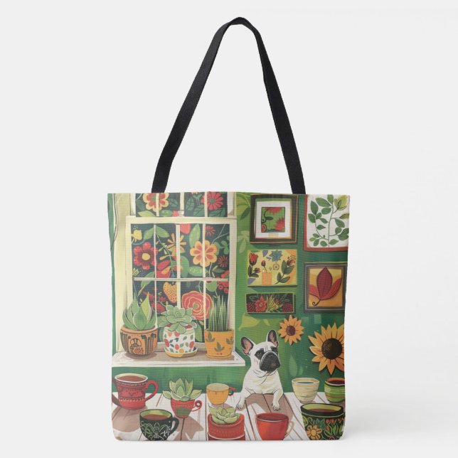 Bolsa Tote Frenchie no Jardim Boho Tea Room (Frente)