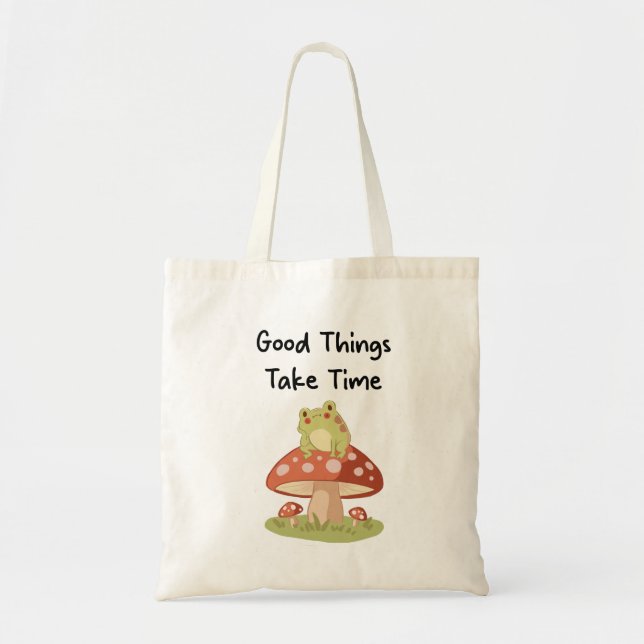 Bolsa Tote Frog Mushroom - Good Things Take Time Illustration (Frente)