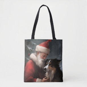 Bolsa Tote Fronteira Collie com Papai Noel Natal Festivo