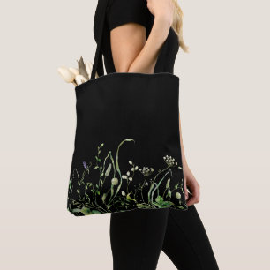 Bolsa Tote Fronteira de Flores Silvestres em Preto