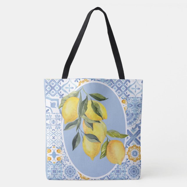 Bolsa Tote Fruta de limão, azulejo azul inspirado na Europa (Frente)