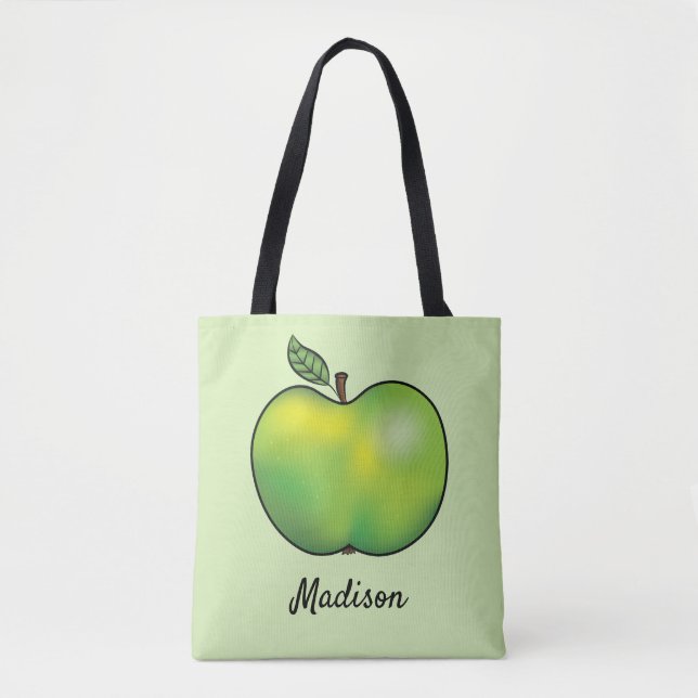Bolsa Tote Fruta de Maçã de Cartoon Verde com Nome Personaliz (Frente)