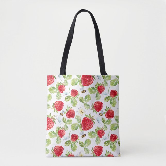 Bolsa Tote Fruta de morango, abelhas e Borboletas (Frente)