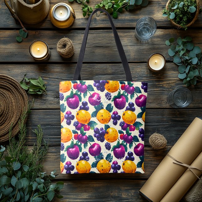 Bolsa Tote Fruta vibrante com Uvas, Maçãs e Laranjas (Criador carregado)