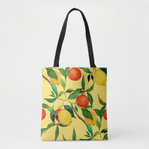 Bolsa Tote Frutas de citros, padrão de aquarela vibrante.
