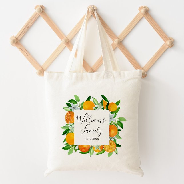 Bolsa Tote Frutas de laranja e flores de verão botânico (In situ)