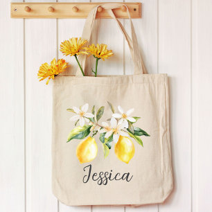Bolsa Tote Frutas de Limão Monograma Flores Brancas Galho de 